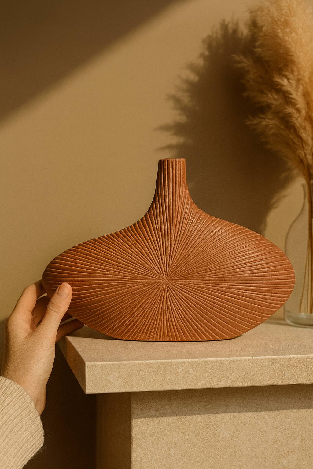 Терракотовая ваза с солнечным рельефом и необычной формой X-VASE2