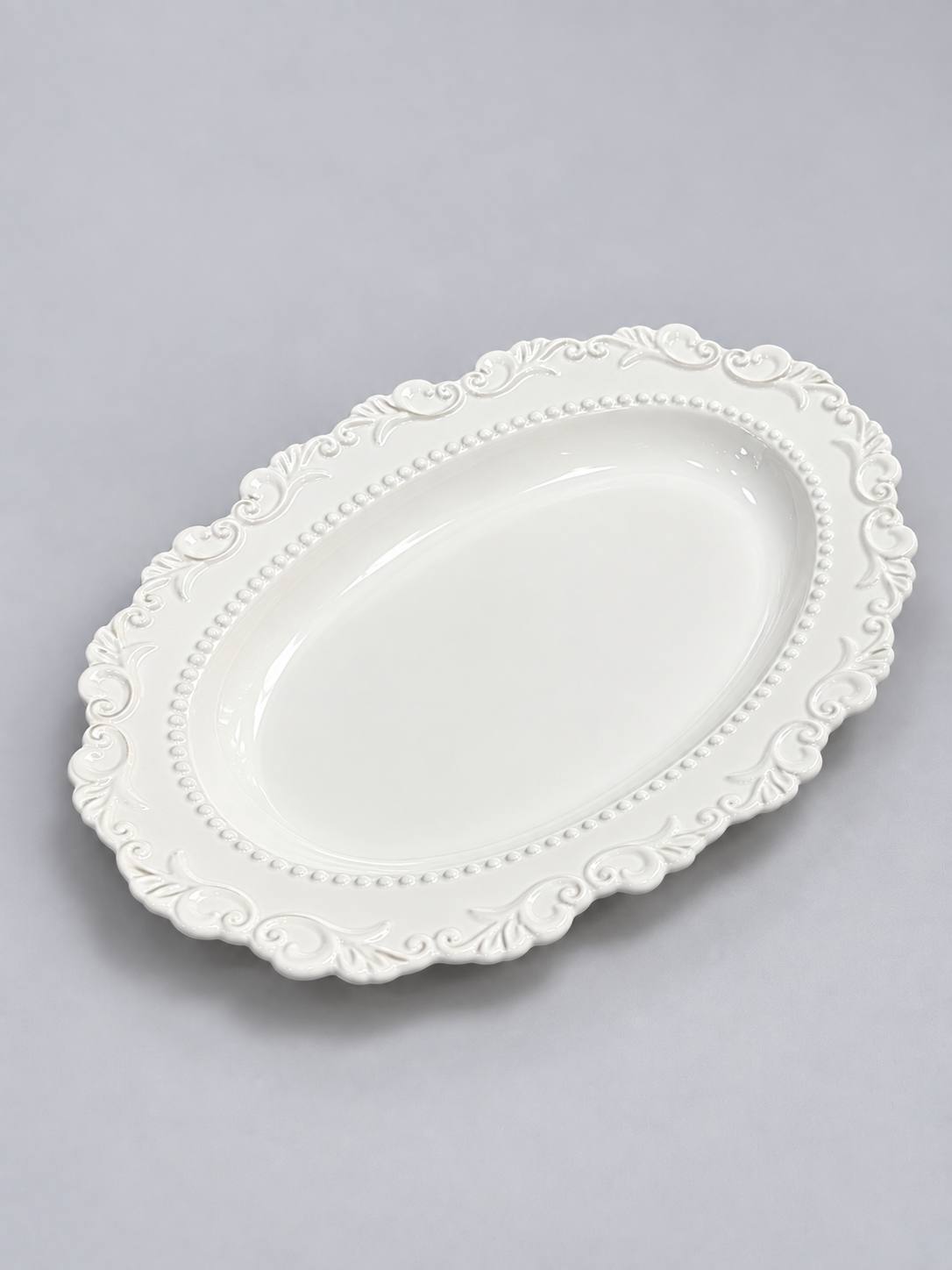 Oval White Lace ceramic dish with embossed rim, model X-CPL42D