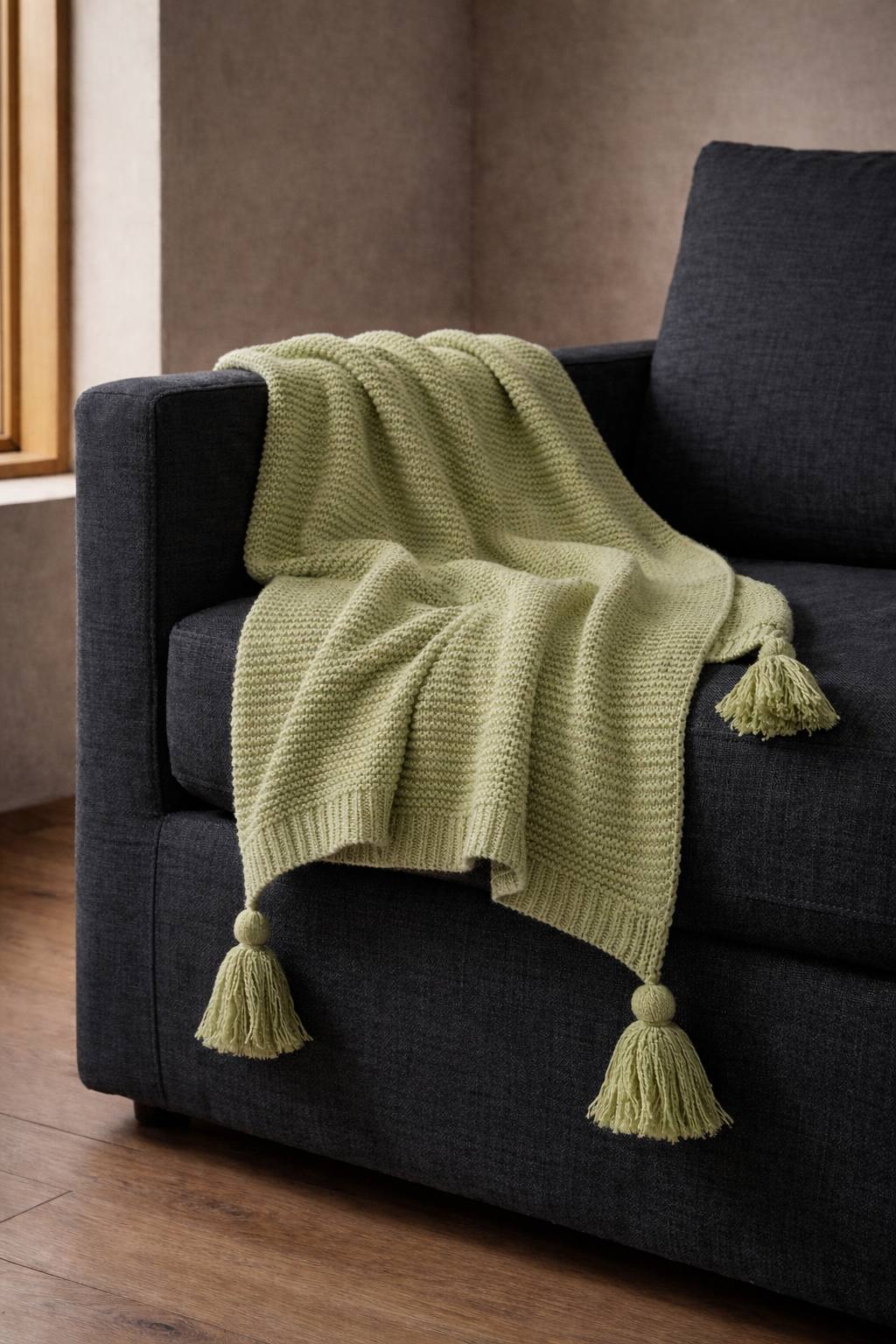 Вязаный плед с кисточками 100×180 см (Оливковый) X-PLD2C