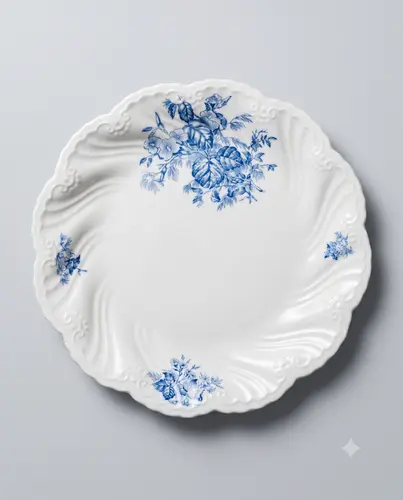 Chinnidan yasalgan tortish uchun likopcha, gulli printli va to'lqinsimon qirrali, 25 sm. Model X-CPL25A