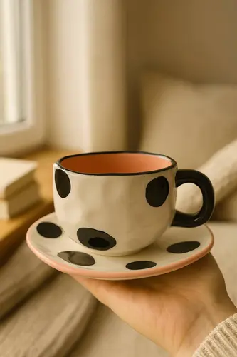 Handmade Ceramic Cow Print Cup with Saucer