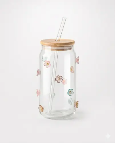 Shisha stakan 200 ml, bambuk qopqoq, shisha somon va dekorativ kapalaklar bilan, 500ml, model X-GLS8