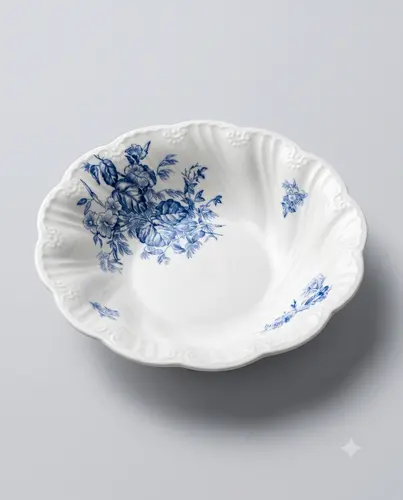 Chuqur chinni likopcha, salat yoki sho'rva uchun, 19.5×4.5 sm, «dala gullari» rasmli va figurali qirrali. Model X-CPL25C