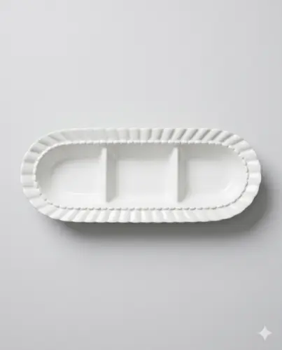 Uch bo'lakli uzun likopcha, «Lotos» chinni (minajnik) to'lqinsimon chekka ega, 36x13x5sm, model X-CPL4F