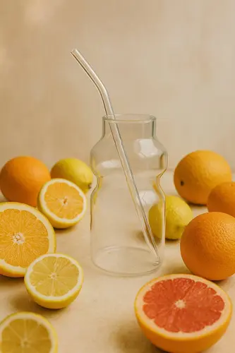 Nafis egri chiziqli va shaffof somonli zamonaviy shisha butilka